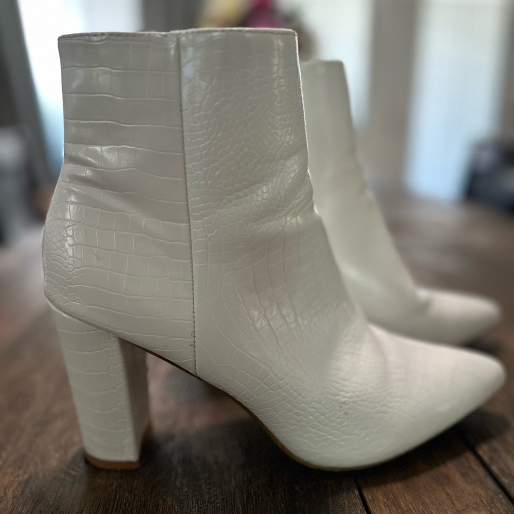 White Croc-Embossed Ankle Boots